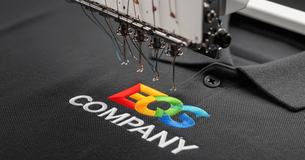 A commercial embroidery machine stitching a complex company logo onto a dark polo shirt with precision.