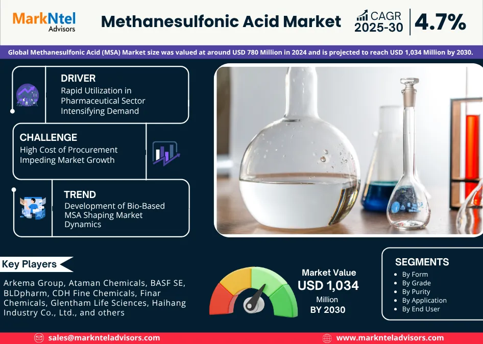 Global Methanesulfonic Acid (MSA) Market Set to Reach USD 1,034 Million by 2030, Fueled by Green Chemistry and EV Battery Demand