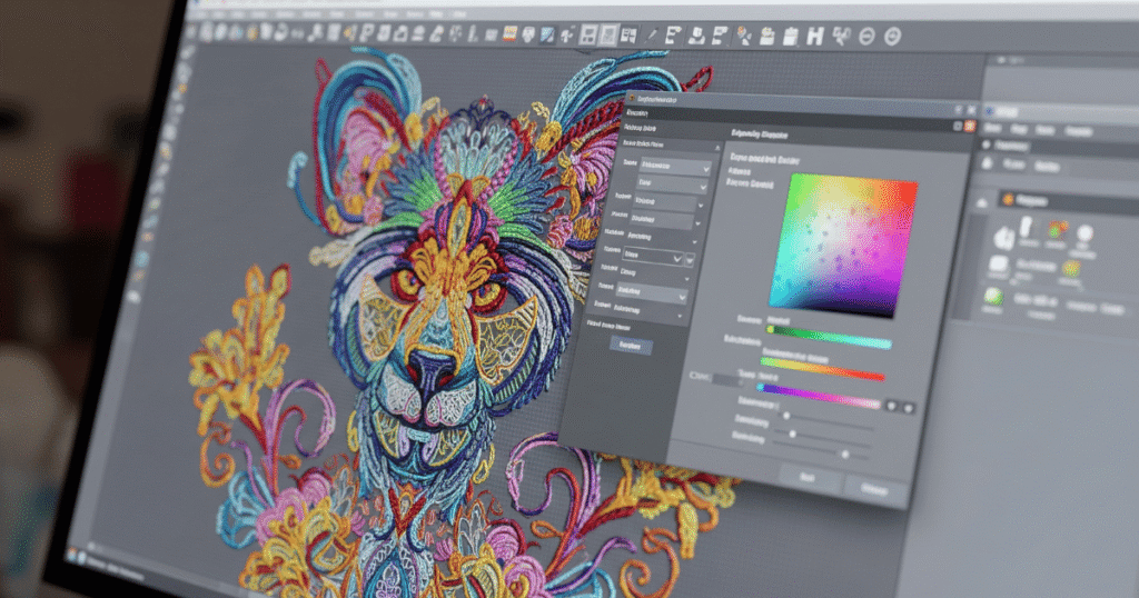 Close-up of a high-resolution embroidery design being processed through digitizing software on a computer screen.