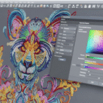 Close-up of a high-resolution embroidery design being processed through digitizing software on a computer screen.