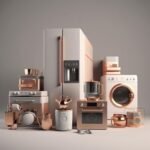 A collection of modern kitchen and home appliances in an elegant rose gold and white color scheme, including a refrigerator, oven, microwave, washing machine, toaster, kettle, and various cookware items, arranged on a light background.