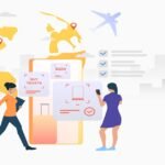 Women using mobile phone and booking flight ticket