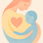 Conceptual, abstract illustration symbolizing gentle parenting, featuring soft overlapping shapes forming a parent and child motif in warm pastel tones, conveying calm, empathy, and protection.