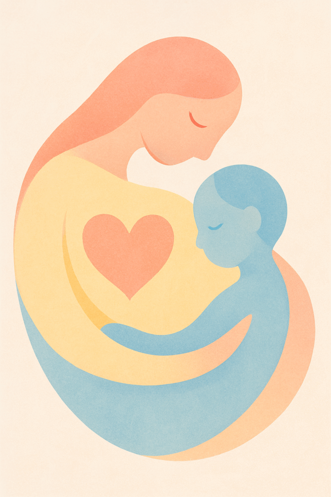 Conceptual, abstract illustration symbolizing gentle parenting, featuring soft overlapping shapes forming a parent and child motif in warm pastel tones, conveying calm, empathy, and protection.