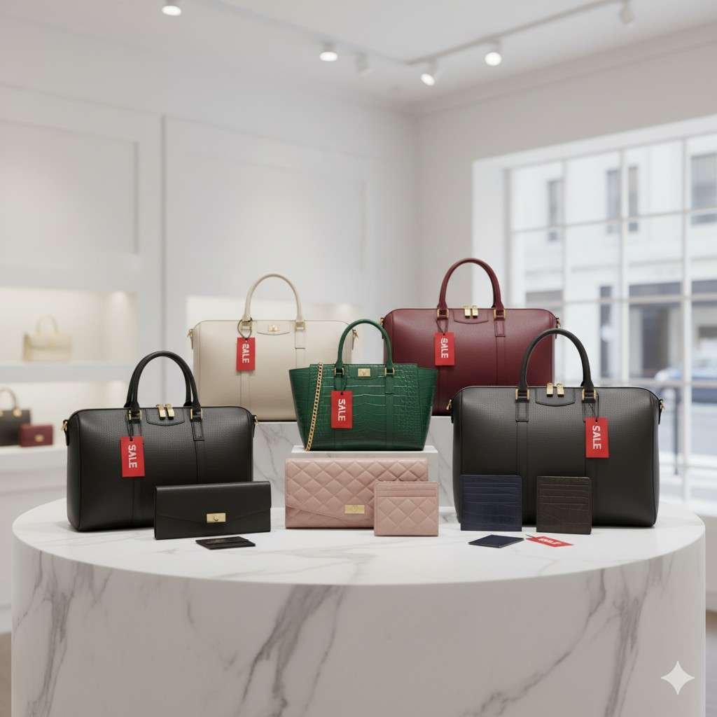A stylish display of luxury designer handbags and wallets for both men and women