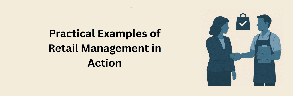 Retail manager and employee shaking hands, with a shopping bag icon between them, representing practical examples of retail management in action.}