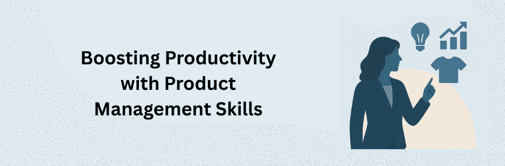 Professional woman pointing at icons of a light bulb, growth chart, and shirt, representing boosting productivity through product management skills