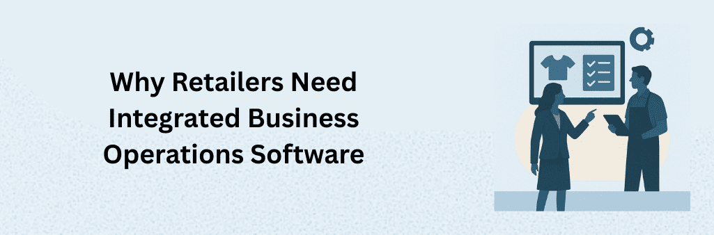 Professional woman and retail employee discussing a digital display showing a shirt icon and checklist, representing the need for integrated business operations software in retail