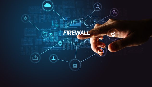 A hand touches a holographic interface displaying "FIREWALL" surrounded by connected icons for cloud, security, location, and more on a digital background.