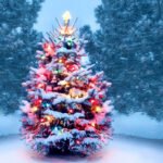 Beautiful snow-covered Christmas tree with colorful lights surrounded by pine trees, representing the history and symbolism of Christmas traditions.