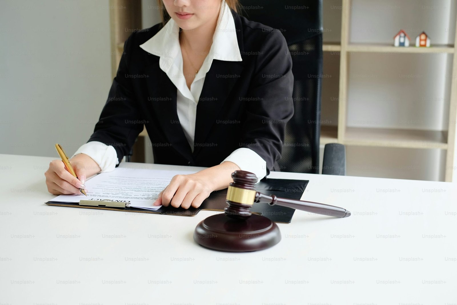 Businesswoman in formal attire reviewing legal documents with a gavel on desk, symbolizing a lawyer or legal services