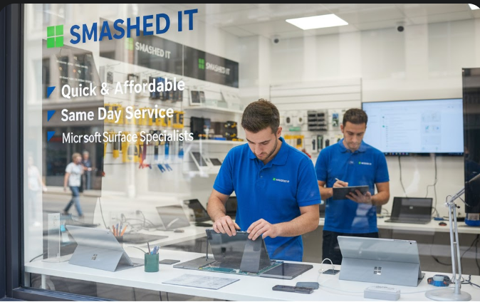 Technicians at Smashed IT performing Microsoft Surface battery replacements with same-day service at an Auckland repair center.