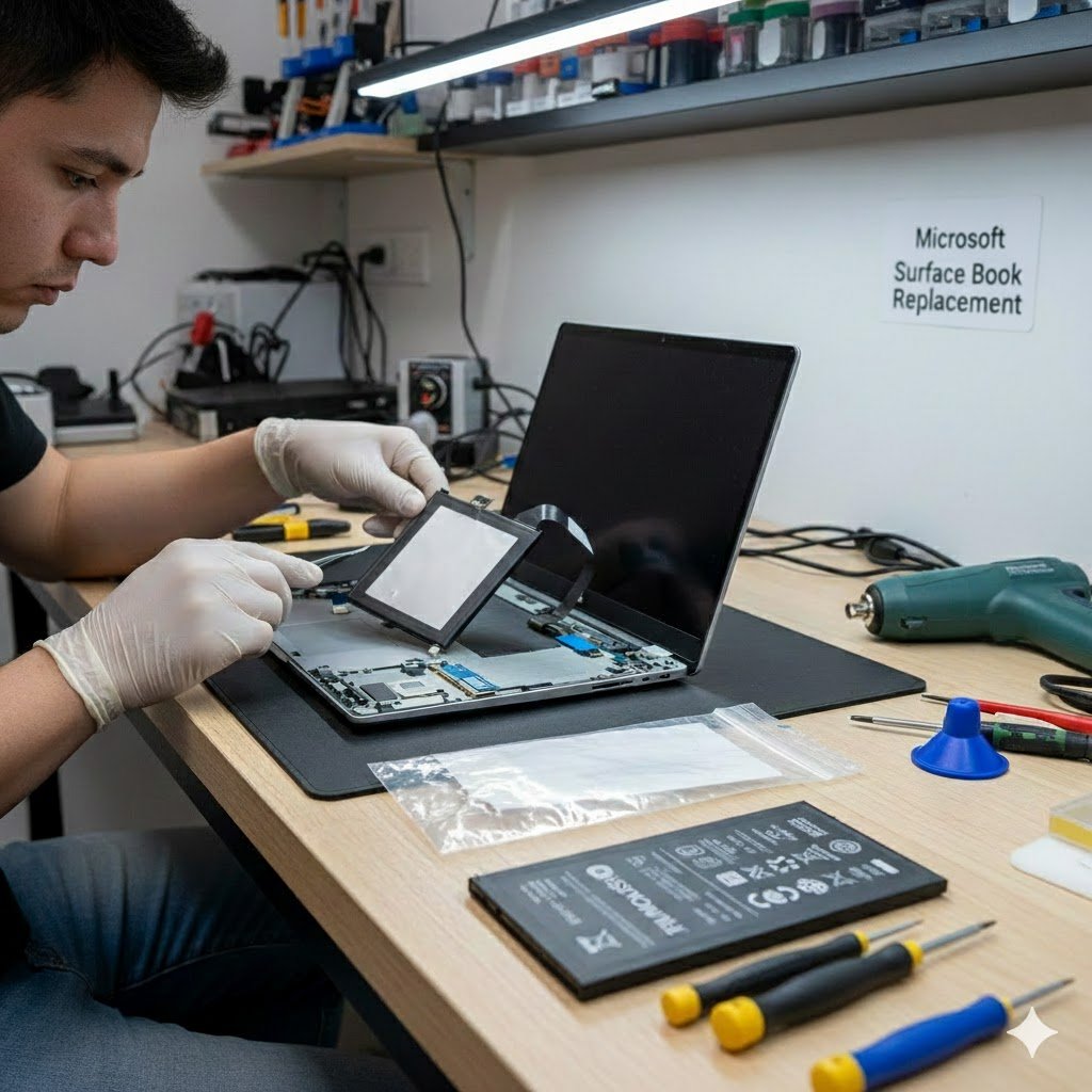 A technician wearing gloves is replacing the battery in a partially disassembled Microsoft Surface Book laptop on a workbench, with replacement batteries and tools visible.